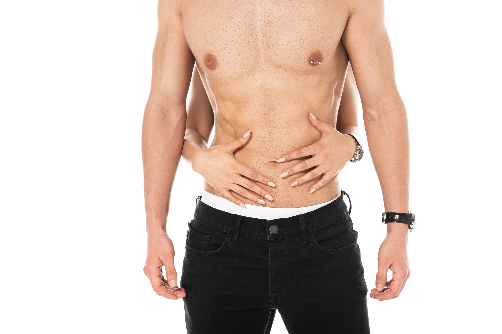 partial view of girl embracing shirtless boyfriend with nipple piercing isolated on white