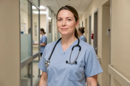 Aide-soignante en tenue bleue dans un couloir d'hôpital moderne, illustrant la grille salariale catégorie B après le Ségur