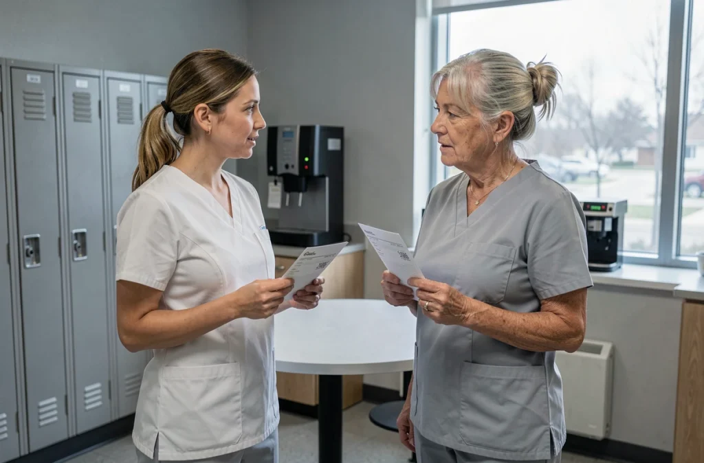 Deux aides-soignantes discutant d'une fiche de paie dans une salle de pause d'hôpital, évoquant les changements de la grille salariale Ségur 2026