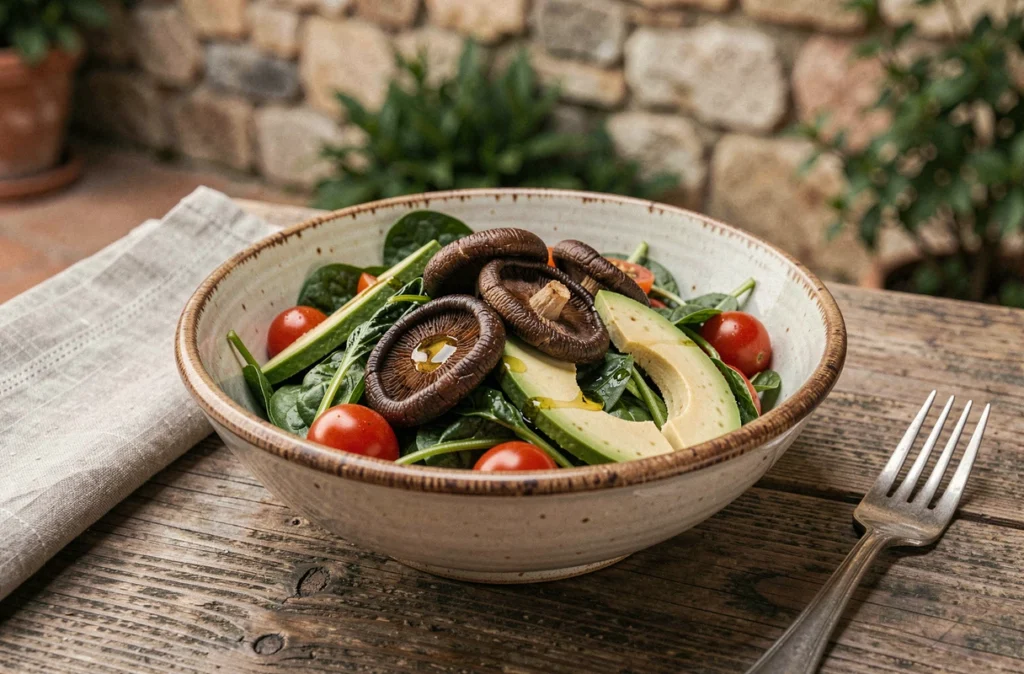 Bol de salade tiède aux champignons et légumes riches en vitamine D présenté sur une table en bois rustique