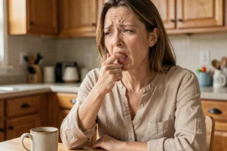 Femme souffrant d'une brûlure au palais après avoir mangé un aliment chaud, se touchant l'intérieur de la bouche avec une expression douloureuse dans une cuisine