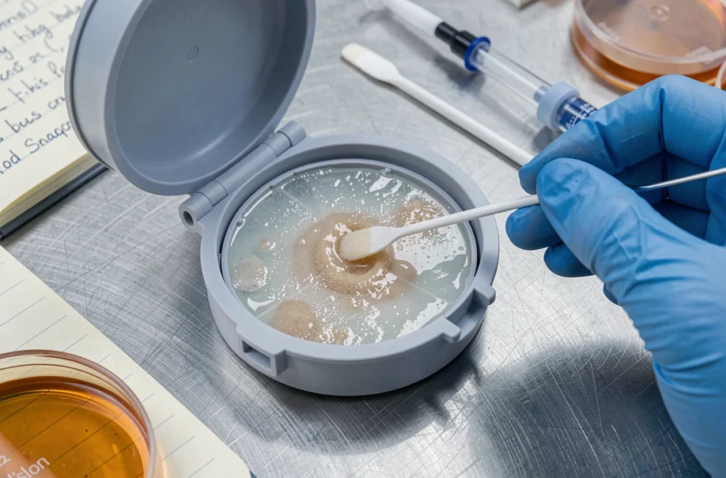 Gros plan d'une cassette d'aérobiocollecteur ouverte sur une paillasse de laboratoire microbiologique montrant le milieu de culture