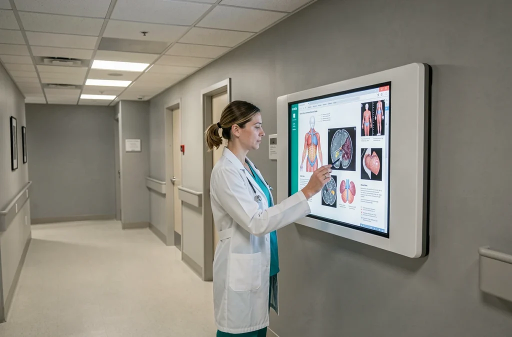 Chirurgienne oncologue examinant des images post-opératoires liées au cancer de la langue sur un écran médical