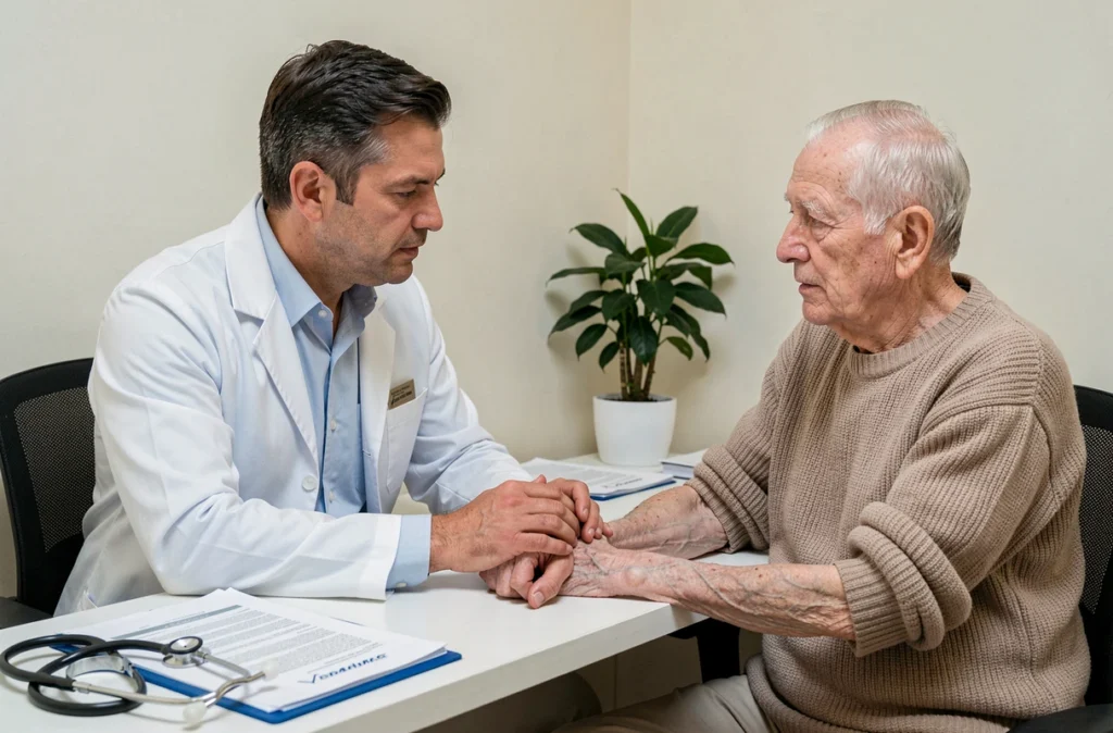 Médecin examinant le bras d'un patient âgé amaigri lors d'une consultation de dépistage de la dénutrition