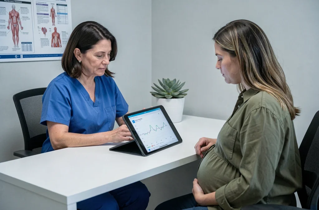 Sage-femme et patiente enceinte consultant ensemble un graphique de suivi du sommeil sur une tablette lors d'une consultation prénatale