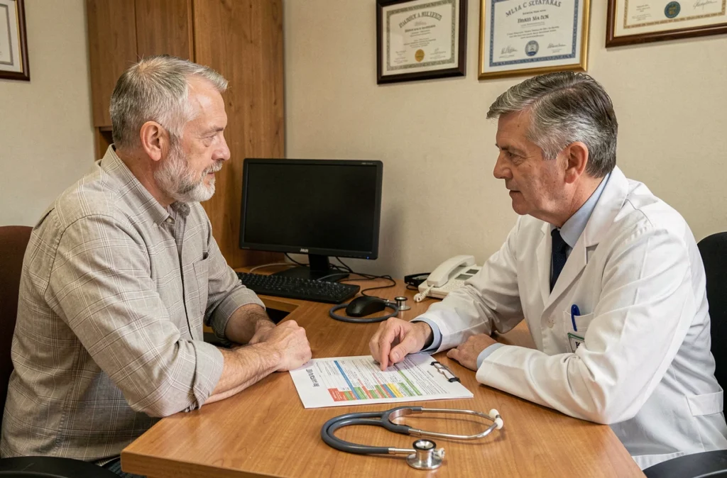 Médecin conseillant un patient senior sur le calendrier vaccinal recommandé après 60 ans