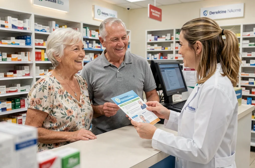 Couple de seniors s'informant sur les vaccinations recommandées après 60 ans auprès d'une pharmacienne