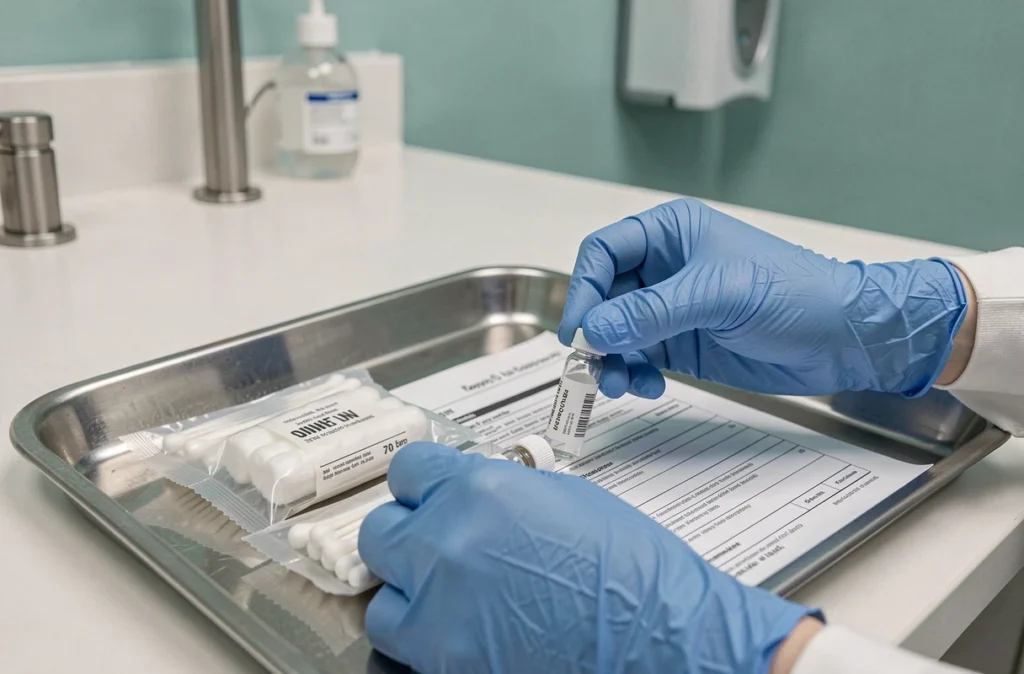 Mains gantées d'un professionnel de santé préparant un test de diagnostic pour rupture prématurée des membranes en milieu hospitalier