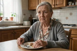 Femme âgée de 75 ans assise devant une assiette à peine touchée, signe précoce de dénutrition chez la personne âgée