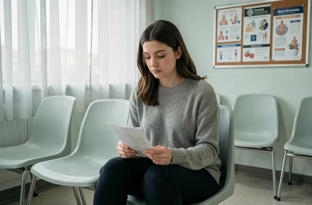 Femme en salle d'attente médicale tenant un document gynécologique lié à une lésion de haut grade
