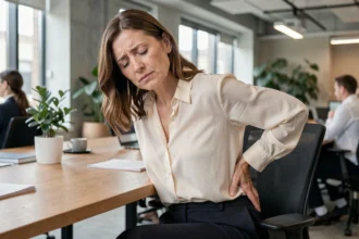 Femme au bureau souffrant d'une douleur dans le bas du dos droit après une longue journée de travail