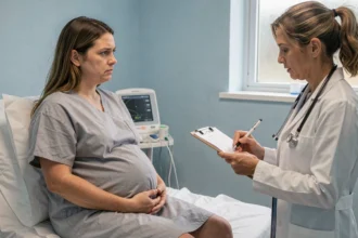 Femme enceinte en fin de grossesse consultée par une médecin dans une chambre d'hôpital pour une rupture prématurée des membranes