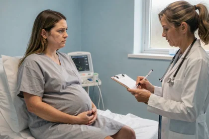Femme enceinte en fin de grossesse consultée par une médecin dans une chambre d'hôpital pour une rupture prématurée des membranes