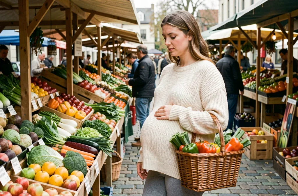 Femme enceinte choisissant des légumes frais au marché pour une alimentation saine durant la grossesse