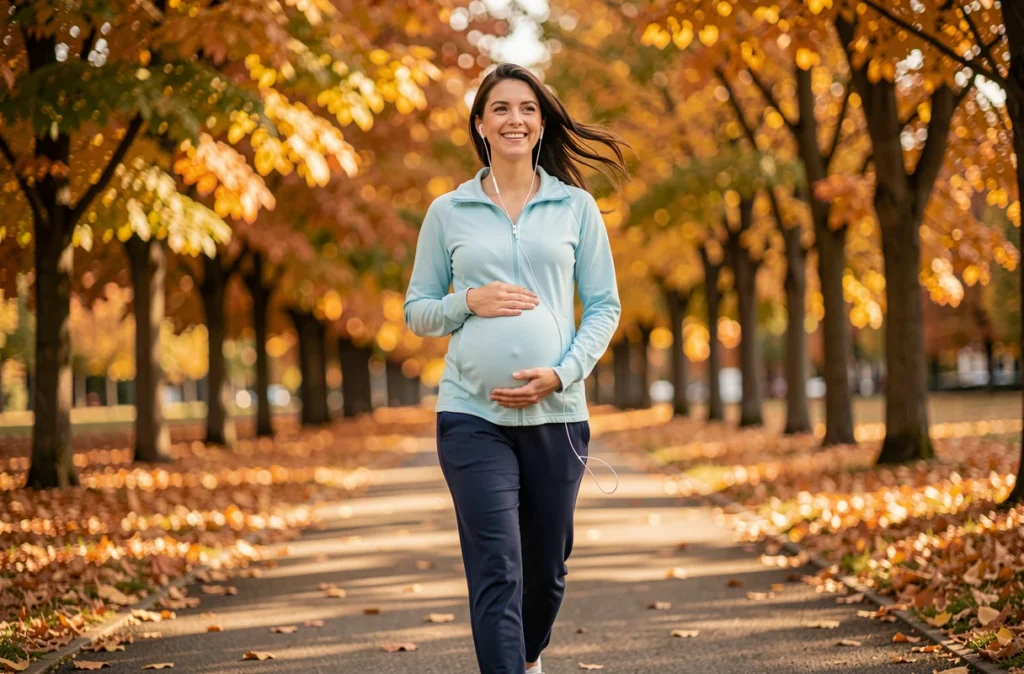 Femme enceinte marchant dans un parc en automne avec des feuilles dorées, main posée sur le ventre