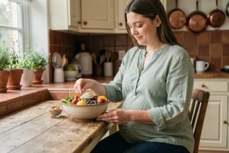 Femme enceinte préparant un repas équilibré avec fruits et légumes frais dans une cuisine chaleureuse