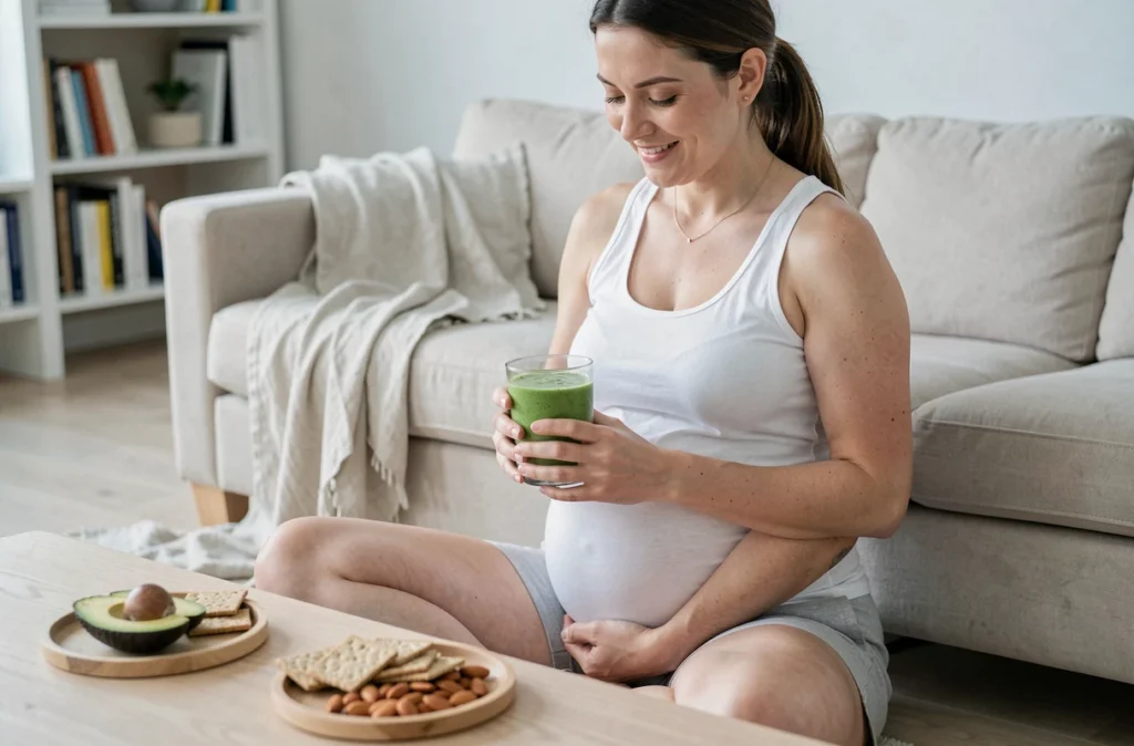 Femme enceinte savourant un smoothie vert et une collation saine à la maison pour lutter contre la fatigue