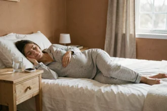 Femme enceinte portant un pyjama gris allongée sur le côté dans une chambre cosy avec un traqueur de sommeil sur la table de nuit