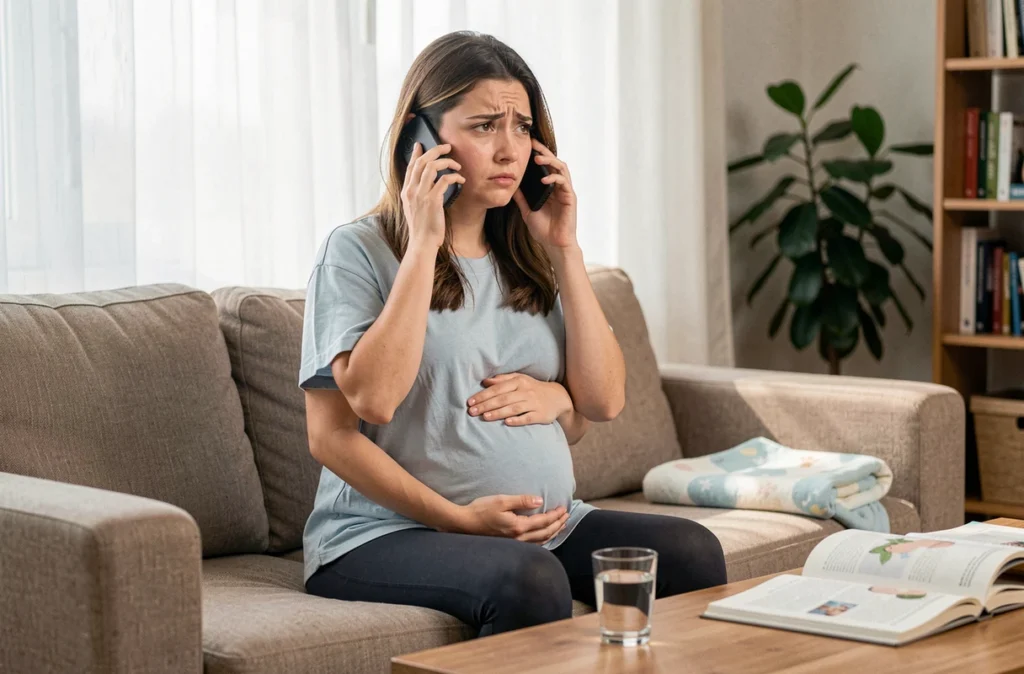 Femme enceinte inquiète contactant son médecin par téléphone depuis son domicile en cas de suspicion de rupture prématurée des eaux