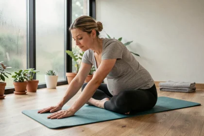 Femme enceinte pratiquant le yoga prénatal sur un tapis teal dans un studio calme avec parquet en bois