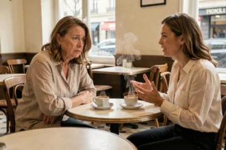 Femme épuisée face à une amie envahissante dans un café parisien, illustrant la relation avec un pompeur d'énergie