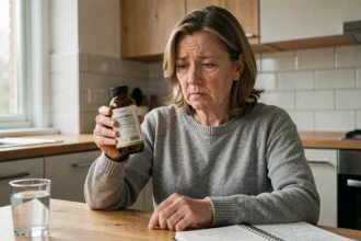 Femme d'âge moyen examinant une bouteille de complément alimentaire au silicium organique G5 avec une expression préoccupée dans une cuisine moderne