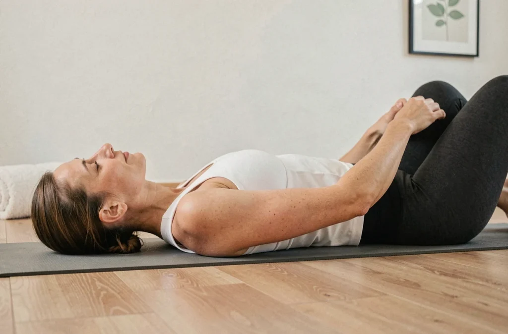 Femme allongée sur un tapis de yoga effectuant un exercice de soulagement de la douleur dans le bas du dos droit