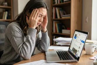 Femme souffrant de maux de tête après une longue utilisation d'un écran d'ordinateur dans un bureau à domicile