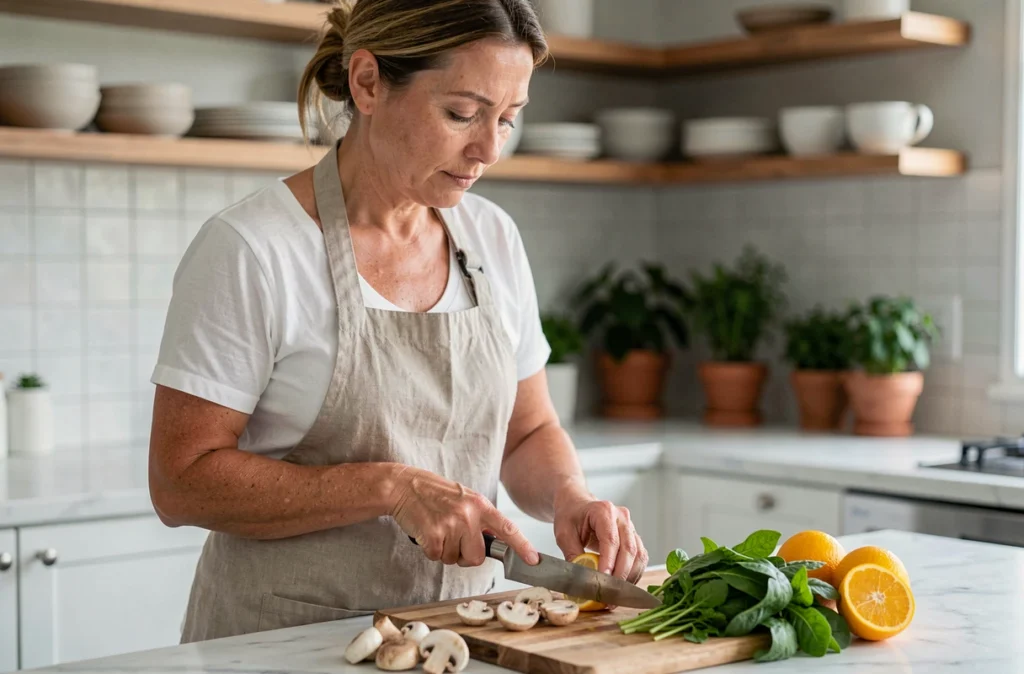 Femme préparant une recette saine à base de légumes et fruits riches en vitamine D dans une cuisine moderne