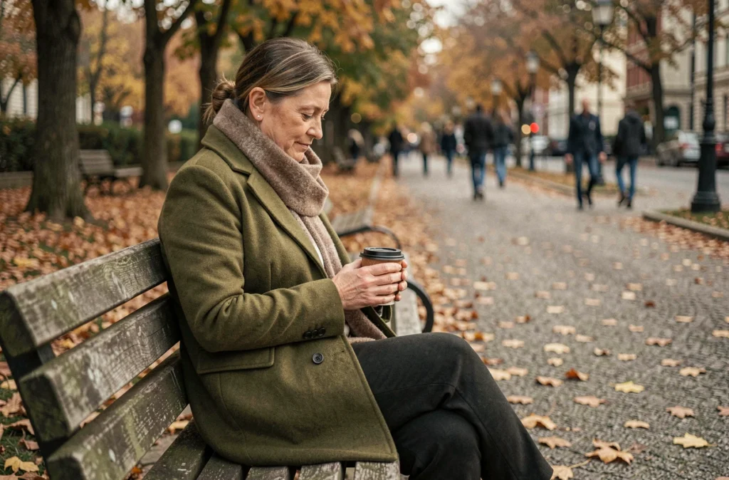 Femme seule sur un banc en automne prenant du recul après avoir coupé les ponts avec un proche toxique