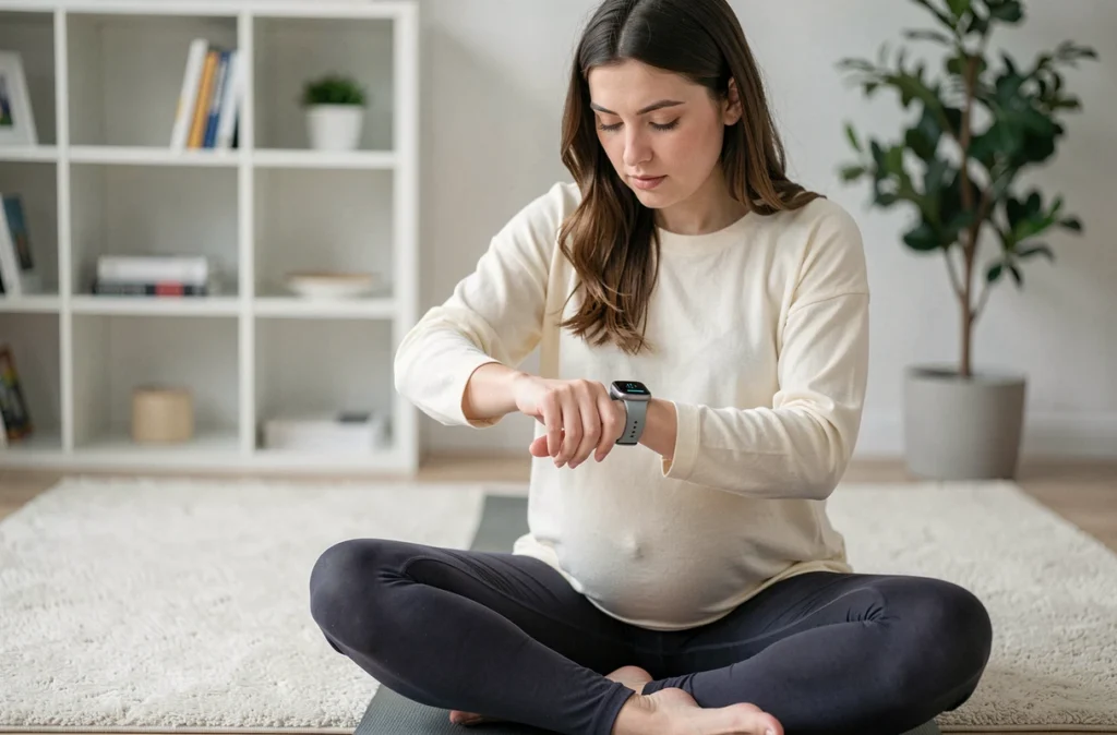 Future maman assise en tailleur sur un tapis de yoga consultant les données de sommeil sur sa montre connectée dans un salon minimaliste