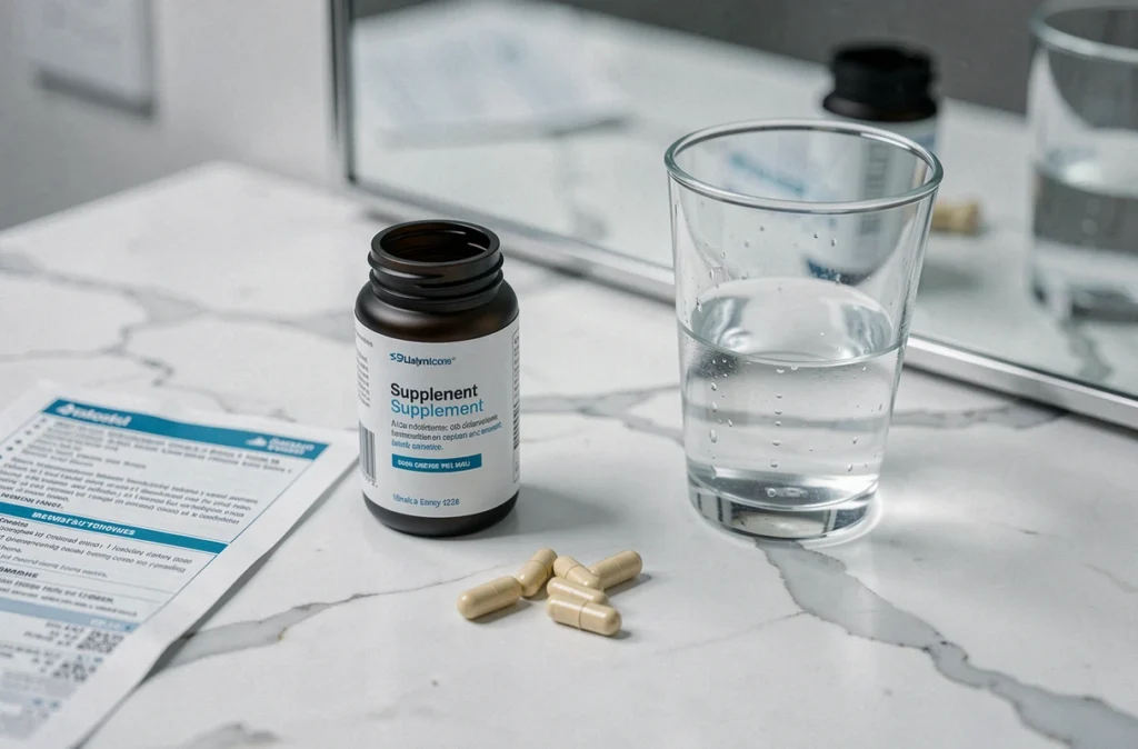 Gros plan sur des capsules de silicium organique G5 et une bouteille de complément sur un plan de travail en marbre blanc dans une salle de bain