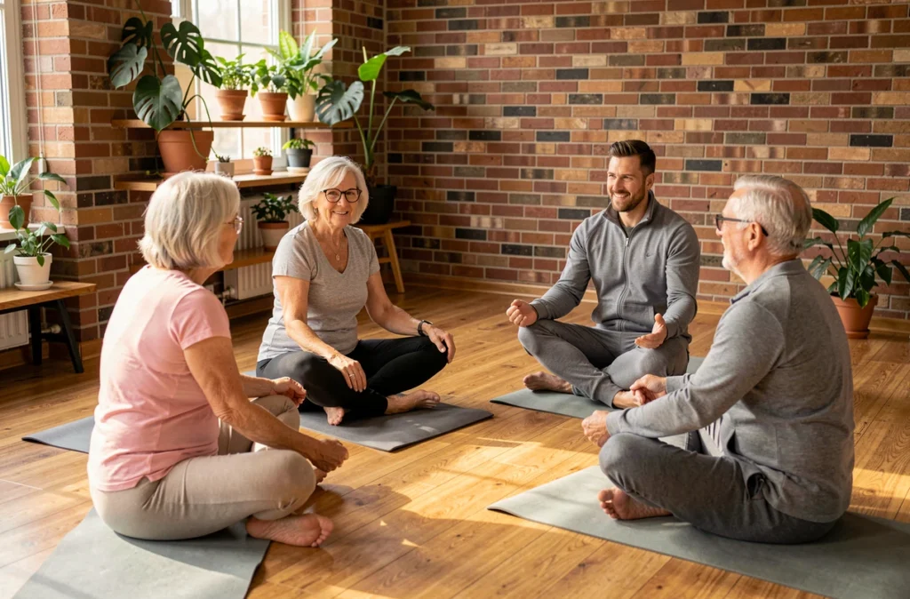 Groupe de seniors participant à une séance d'activité physique adaptée en salle avec un instructeur professionnel