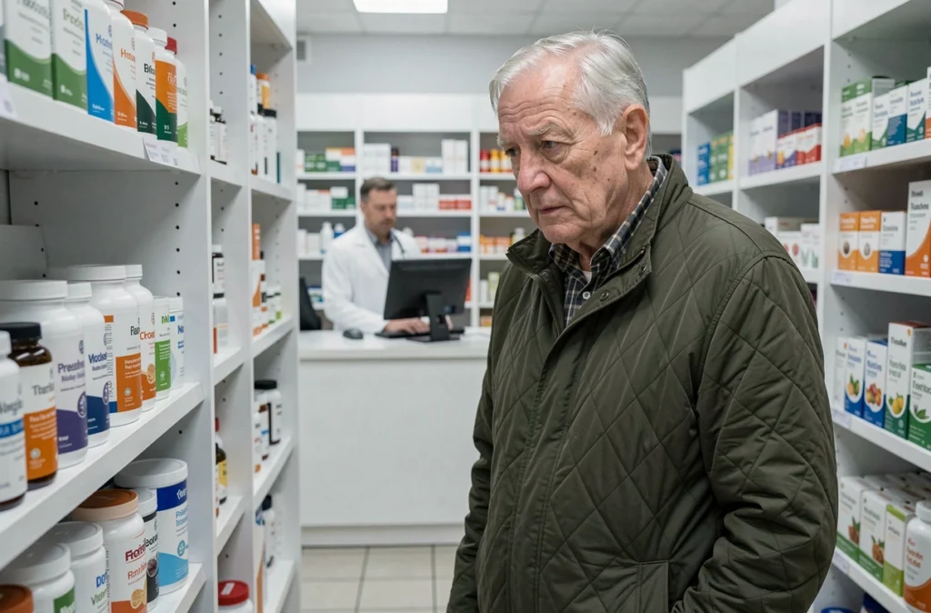 Homme âgé en pharmacie devant des compléments nutritionnels, illustrant la recherche de solutions contre la dénutrition