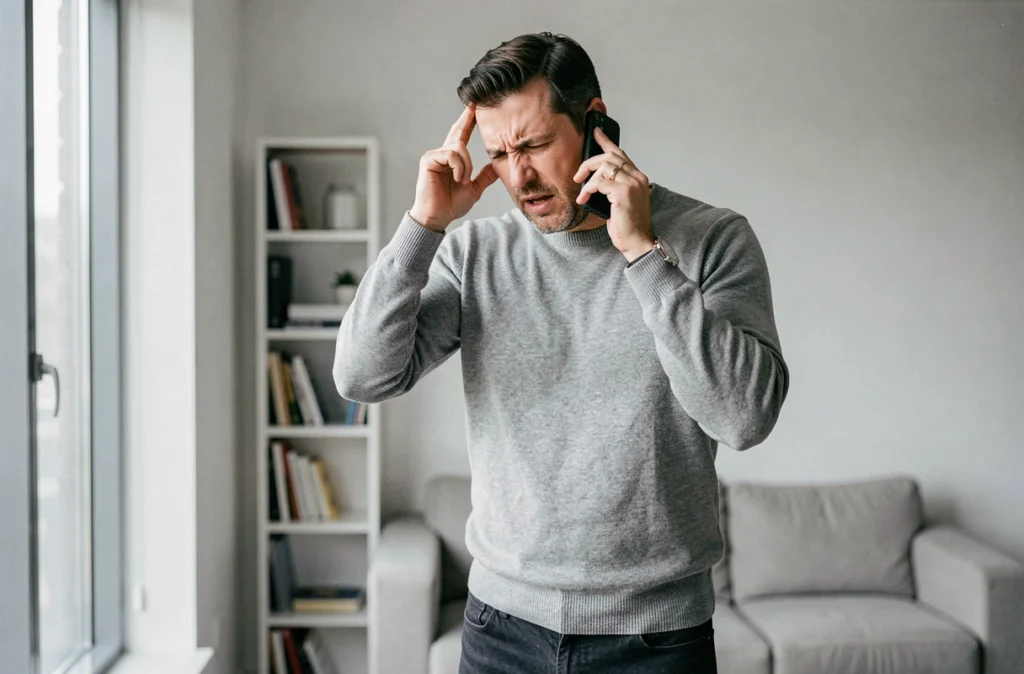 Homme stressé au téléphone subissant une conversation épuisante avec un proche toxique dans son appartement