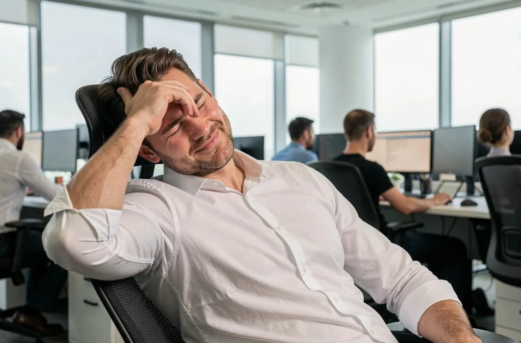 Homme ressentant des vertiges et des maux de tête au bureau après une journée de travail prolongée sur écran
