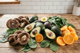 Assortiment de légumes et fruits riches en vitamine D disposés sur une table en bois rustique dans une cuisine familiale