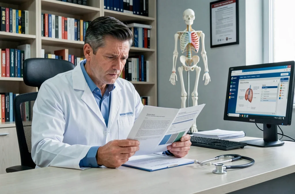 Médecin généraliste en blouse blanche analysant un document médical sur les dangers du silicium organique G5 pour les organes