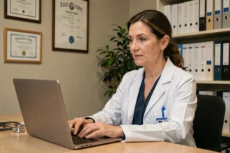 Médecin généraliste en téléconsultation sur son ordinateur portable dans un cabinet médical sécurisé