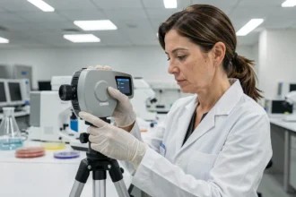 Microbiologiste manipulant un aérobiocollecteur en laboratoire pour l'analyse de la qualité de l'air intérieur