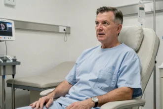Patient en consultation post-opératoire après une chirurgie du cancer de la langue dans un cabinet médical moderne