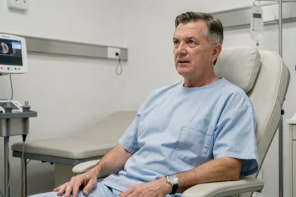 Patient en consultation post-opératoire après une chirurgie du cancer de la langue dans un cabinet médical moderne