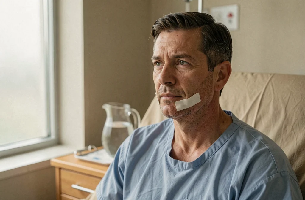 Patient en rétablissement dans une chambre d'hôpital après une opération du cancer de la langue avec bandage visible