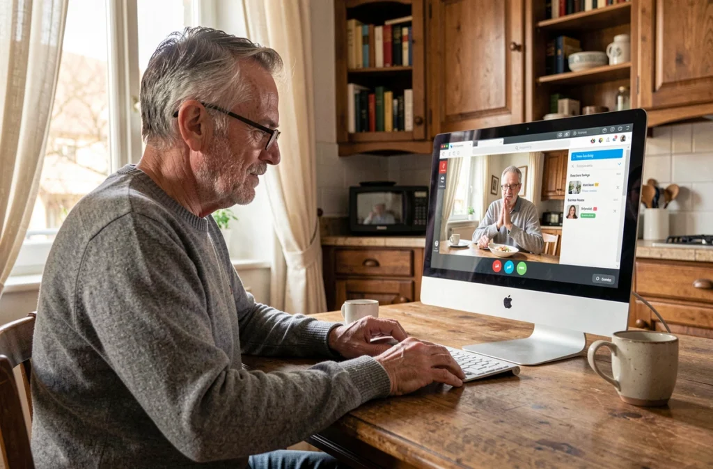 Patient en téléconsultation médicale sécurisée depuis son domicile sur ordinateur