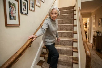 Femme âgée tenant une rampe d'escalier sécurisée pour prévenir les chutes à domicile