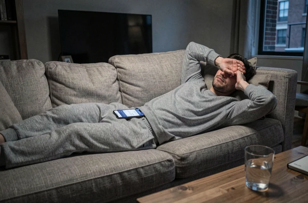 Personne allongée sur un canapé souffrant de vertiges liés à une utilisation excessive du téléphone portable le soir