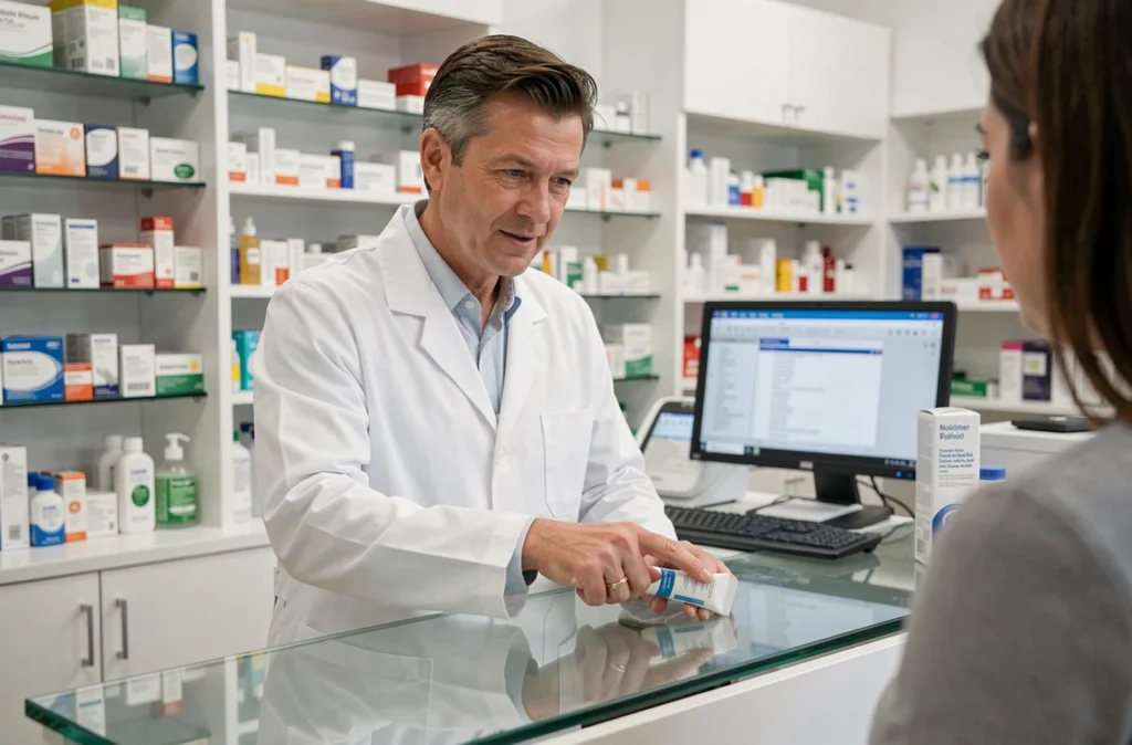 Pharmacien conseillant un traitement en gel pour soulager les cloques douloureuses au palais causées par une brûlure thermique