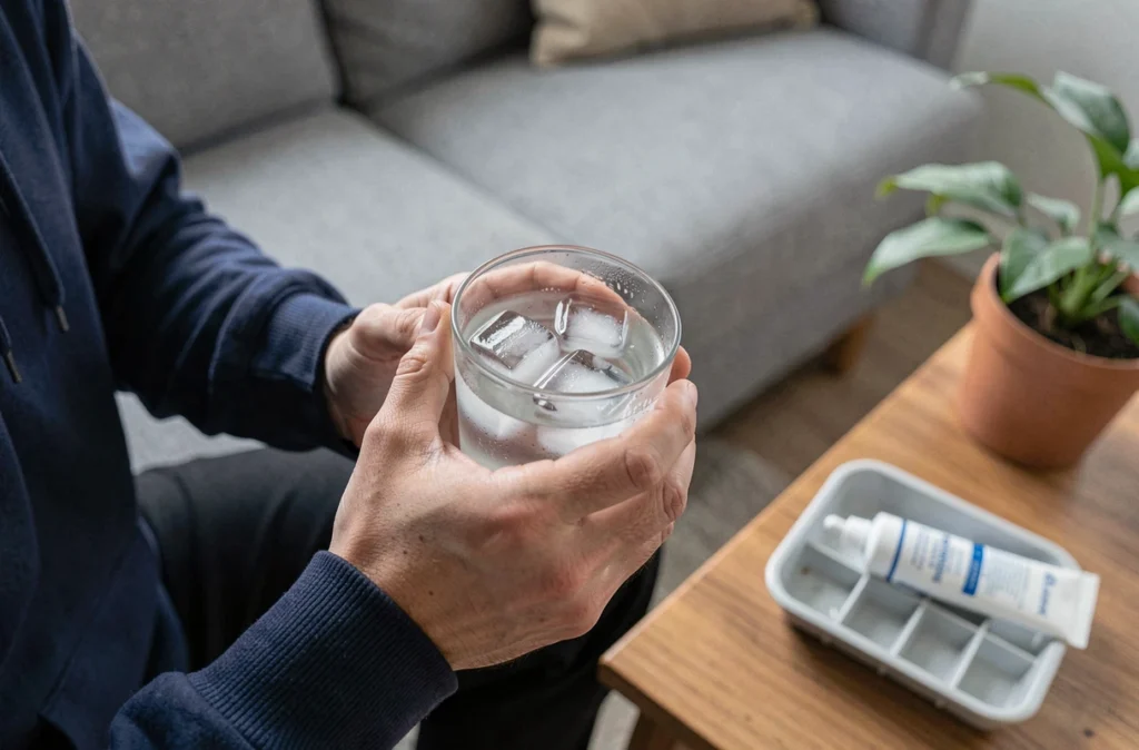 Remèdes maison contre la brûlure au palais incluant eau froide glacée et gel apaisant posés sur une table basse