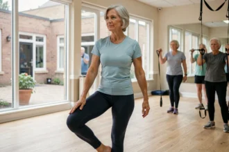 Senior femme réalisant un exercice d'équilibre en salle de sport adaptée pour maintenir son autonomie