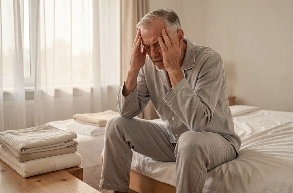 Homme âgé fatigué assis au bord du lit le matin après une mauvaise nuit de sommeil